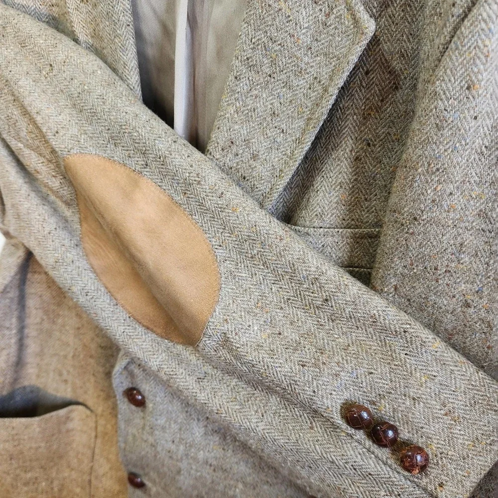 Mens Tweed Blazer Sport Coat Elbow Patches Brown Tan Herringbone 44R Vintage 80s